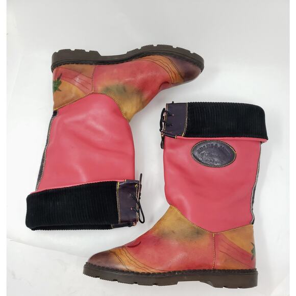 Vintage Leather Foldover Boots Pink Brown Tropical Beach  OOAK England Sz UK 6 - Picture 13 of 16